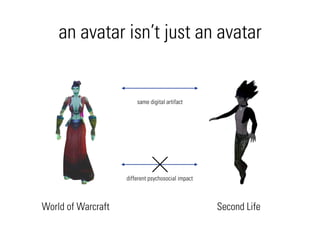 an avatar isn’t just an avatar


                        same digital artifact




                    different psychosocial impact



World of Warcraft                                   Second Life
 