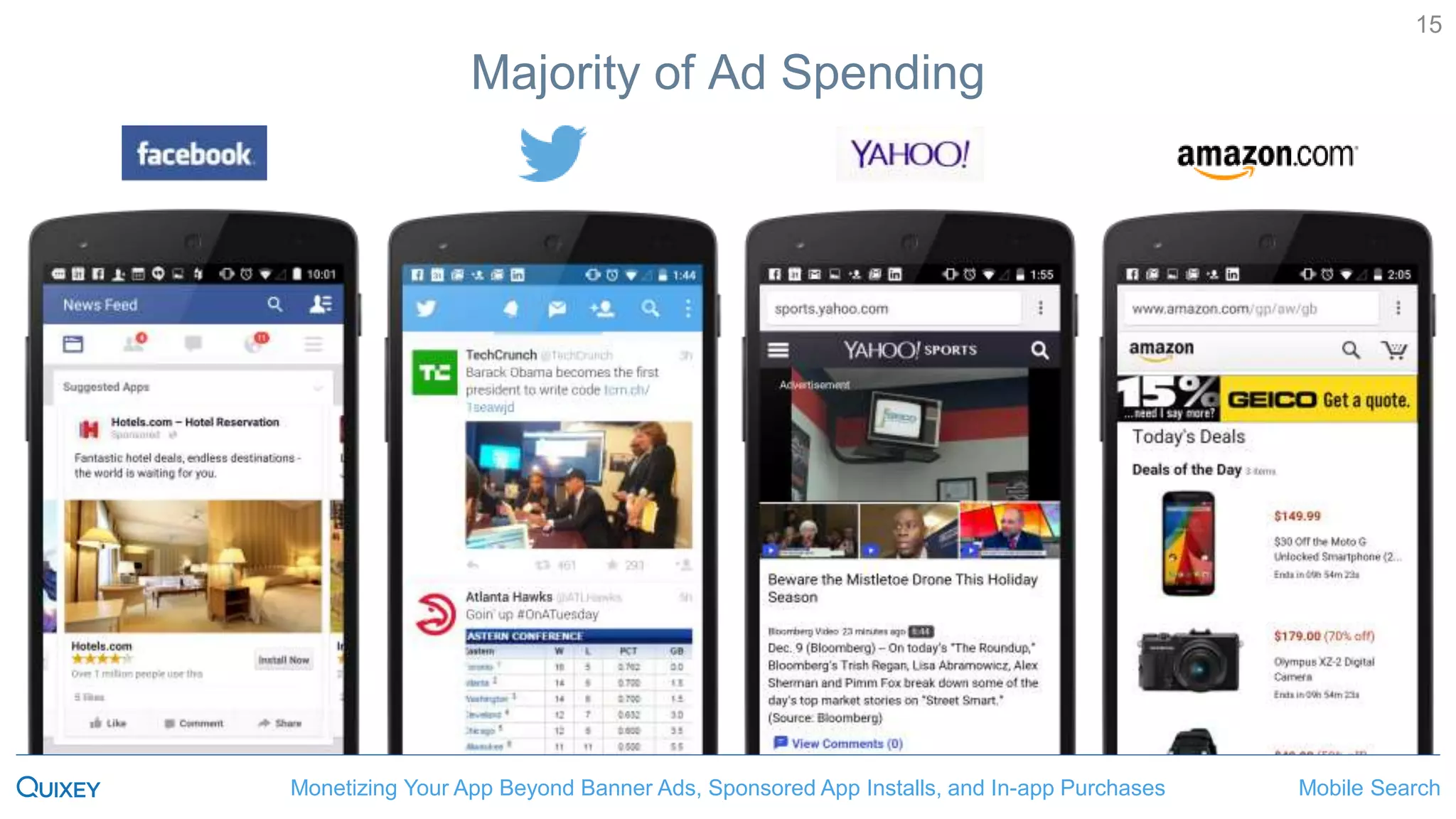 Mobile SearchMonetizing Your App Beyond Banner Ads, Sponsored App Installs, and In-app Purchases
15
Majority of Ad Spending
Mobile SearchMonetizing Your App Beyond Banner Ads, Sponsored App Installs, and In-app Purchases
 