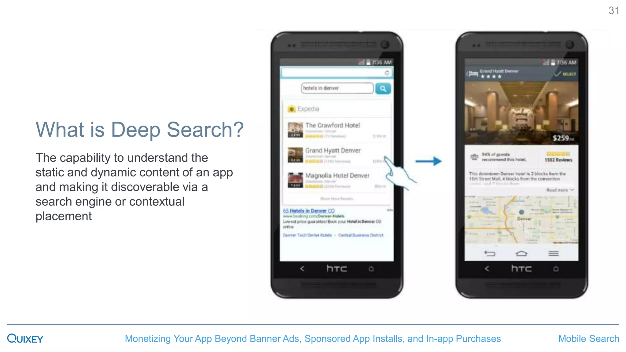 Mobile SearchMonetizing Your App Beyond Banner Ads, Sponsored App Installs, and In-app Purchases
31
The capability to understand the
static and dynamic content of an app
and making it discoverable via a
search engine or contextual
placement
What is Deep Search?
 