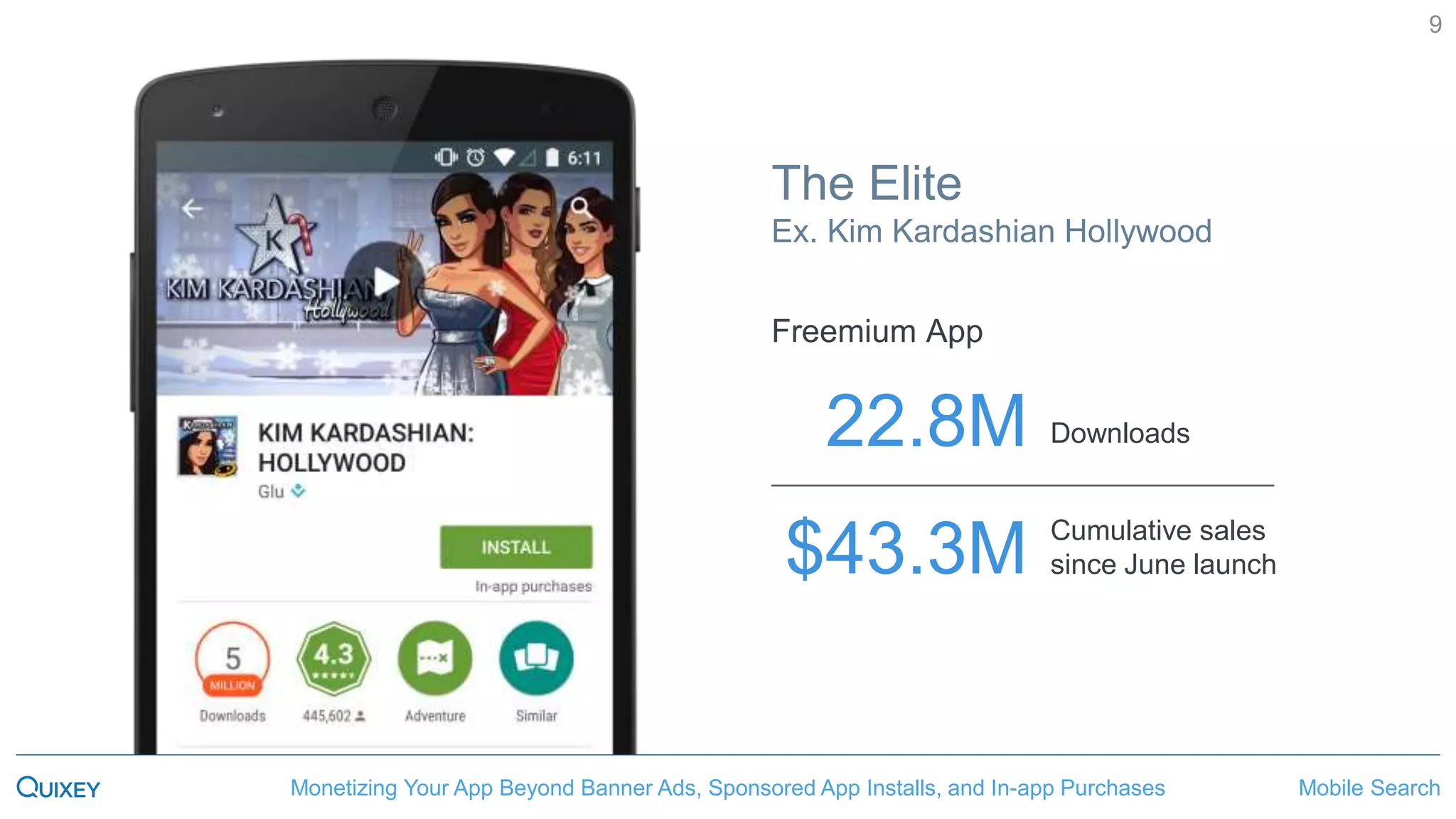 Mobile SearchMonetizing Your App Beyond Banner Ads, Sponsored App Installs, and In-app Purchases
9
$43.3M
22.8M
Cumulative sales
since June launch
Downloads
The Elite
Ex. Kim Kardashian Hollywood
Mobile SearchMonetizing Your App Beyond Banner Ads, Sponsored App Installs, and In-app Purchases
Freemium App
 
