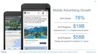 Mobile SearchMonetizing Your App Beyond Banner Ads, Sponsored App Installs, and In-app Purchases
13
Mobile Advertising Growth
2014 Projection
2014 Growth
2018 Projection
$19B
78%
$58B
Mobile SearchMonetizing Your App Beyond Banner Ads, Sponsored App Installs, and In-app Purchases
*Expected to be 37.4% of digital media ad spend
*Display ads expected to contribute 50% spend
 