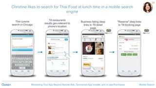 Mobile SearchMonetizing Your App Beyond Banner Ads, Sponsored App Installs, and In-app Purchases
34
TA restaurants
results geo-relevant to
phone's location
"Reserve" deep links
to TA booking page
Business listing deep
links to TA detail
page
Christine likes to search for Thai Food at lunch time in a mobile search
engine
Thai cuisine
search in Chicago
 