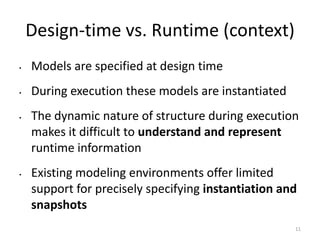 Design-time vs. Runtime (context)
• Models are specified at design time
• During execution these models are instantiated
•...