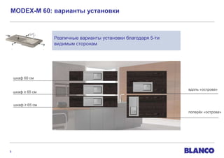 MODEX-M 60: варианты установки


3.              4
          5     .           Различные варианты установки благодаря 5-ти
     1
          .
                        2   видимым сторонам
     .                  .




         шкаф 60 cм


                                                                          вдоль «острова»
     шкаф ≥ 65 cм


         шкаф ≥ 65 cм
                                                                          поперѐк «острова»




 8
 
