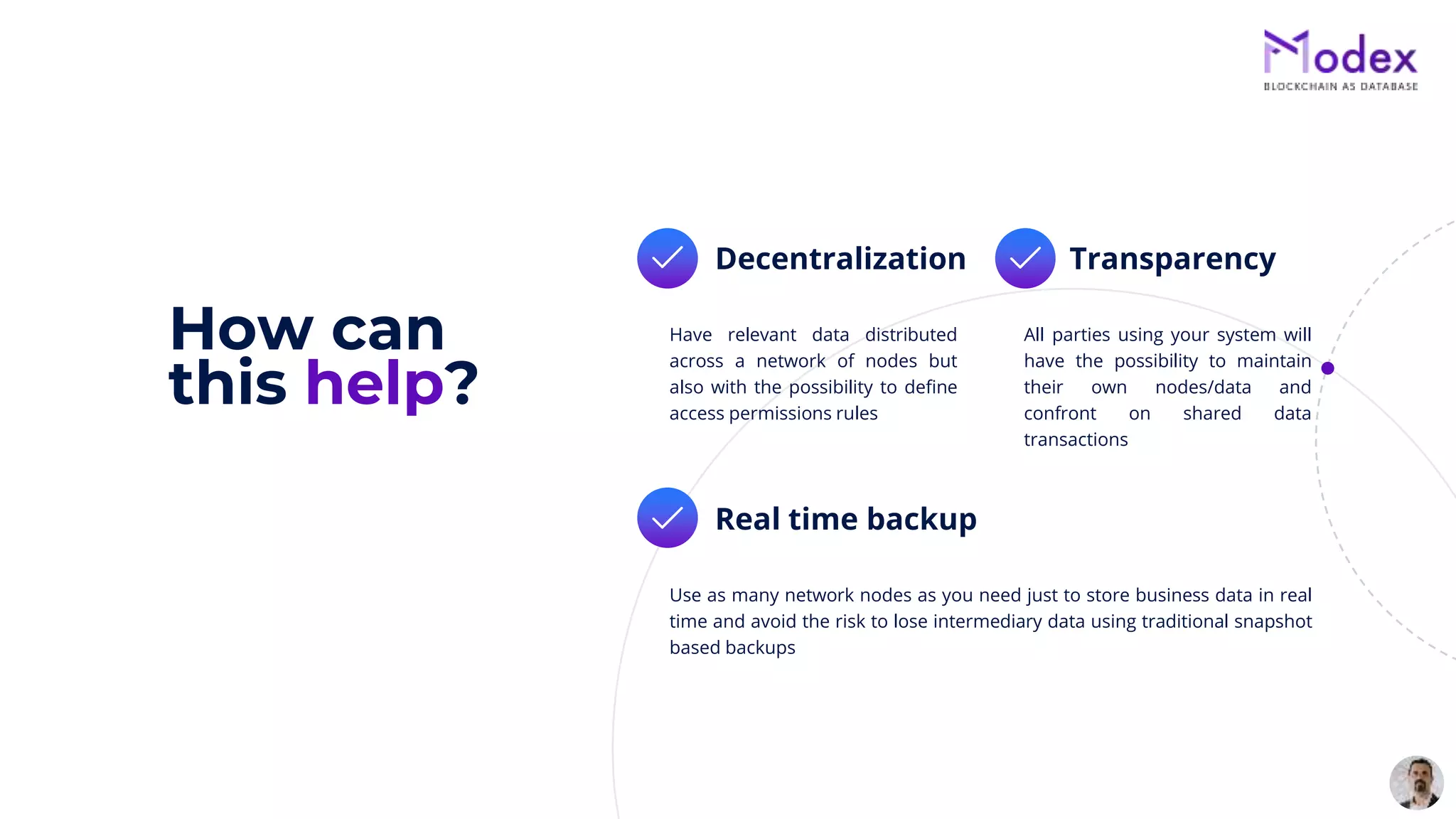 How can
this help?
Decentralization
Have relevant data distributed
across a network of nodes but
also with the possibility to define
access permissions rules
Real time backup
Use as many network nodes as you need just to store business data in real
time and avoid the risk to lose intermediary data using traditional snapshot
based backups
Transparency
All parties using your system will
have the possibility to maintain
their own nodes/data and
confront on shared data
transactions
 