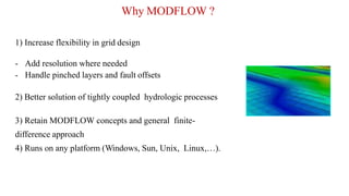 1) Increase flexibility in grid design
- Add resolution where needed
- Handle pinched layers and fault offsets
2) Better solution of tightly coupled hydrologic processes
3) Retain MODFLOW concepts and general finite-
difference approach
4) Runs on any platform (Windows, Sun, Unix, Linux,…).
Why MODFLOW ?
 