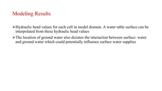 Modeling Results
Hydraulic head values for each cell in model domain. A water table surface can be
interpolated from these hydraulic head values
The location of ground water also dictates the interaction between surface- water
and ground water which could potentially influence surface water supplies
 