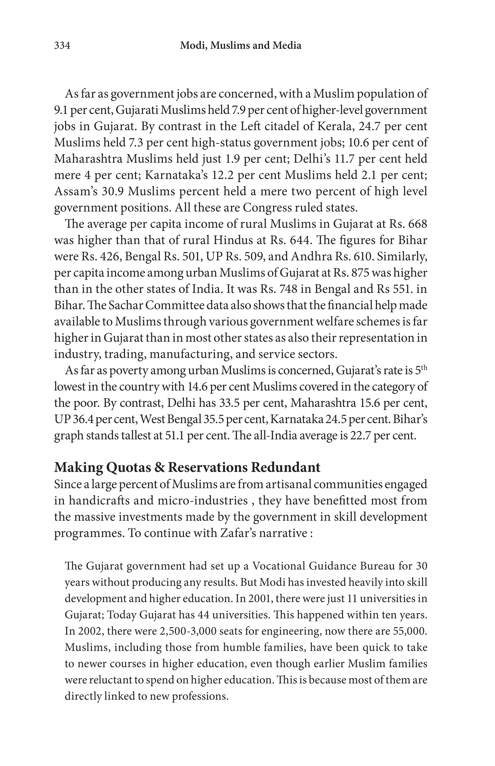 Modi, Muslims and Media334
As far as government jobs are concerned, with a Muslim population of
9.1percent,GujaratiMuslimsheld7.9percentofhigher-levelgovernment
jobs in Gujarat. By contrast in the Left citadel of Kerala, 24.7 per cent
Muslims held 7.3 per cent high-status government jobs; 10.6 per cent of
Maharashtra Muslims held just 1.9 per cent; Delhi’s 11.7 per cent held
mere 4 per cent; Karnataka’s 12.2 per cent Muslims held 2.1 per cent;
Assam’s 30.9 Muslims percent held a mere two percent of high level
government positions. All these are Congress ruled states.
The average per capita income of rural Muslims in Gujarat at Rs. 668
was higher than that of rural Hindus at Rs. 644. The figures for Bihar
were Rs. 426, Bengal Rs. 501, UP Rs. 509, and Andhra Rs. 610. Similarly,
percapitaincomeamongurbanMuslimsofGujaratatRs.875washigher
than in the other states of India. It was Rs. 748 in Bengal and Rs 551. in
Bihar.TheSacharCommitteedataalsoshowsthatthefinancialhelpmade
available to Muslims through various government welfare schemes is far
higher in Gujarat than in most other states as also their representation in
industry, trading, manufacturing, and service sectors.
As far as poverty among urban Muslims is concerned, Gujarat’s rate is 5th
lowest in the country with 14.6 per cent Muslims covered in the category of
the poor. By contrast, Delhi has 33.5 per cent, Maharashtra 15.6 per cent,
UP36.4percent,WestBengal35.5percent,Karnataka24.5percent.Bihar’s
graph stands tallest at 51.1 per cent. The all-India average is 22.7 per cent.
Making Quotas & Reservations Redundant
SincealargepercentofMuslimsarefromartisanalcommunitiesengaged
in handicrafts and micro-industries , they have benefitted most from
the massive investments made by the government in skill development
programmes. To continue with Zafar’s narrative :
The Gujarat government had set up a Vocational Guidance Bureau for 30
years without producing any results. But Modi has invested heavily into skill
development and higher education. In 2001, there were just 11 universities in
Gujarat; Today Gujarat has 44 universities. This happened within ten years.
In 2002, there were 2,500-3,000 seats for engineering, now there are 55,000.
Muslims, including those from humble families, have been quick to take
to newer courses in higher education, even though earlier Muslim families
were reluctant to spend on higher education. This is because most of them are
directly linked to new professions.
 