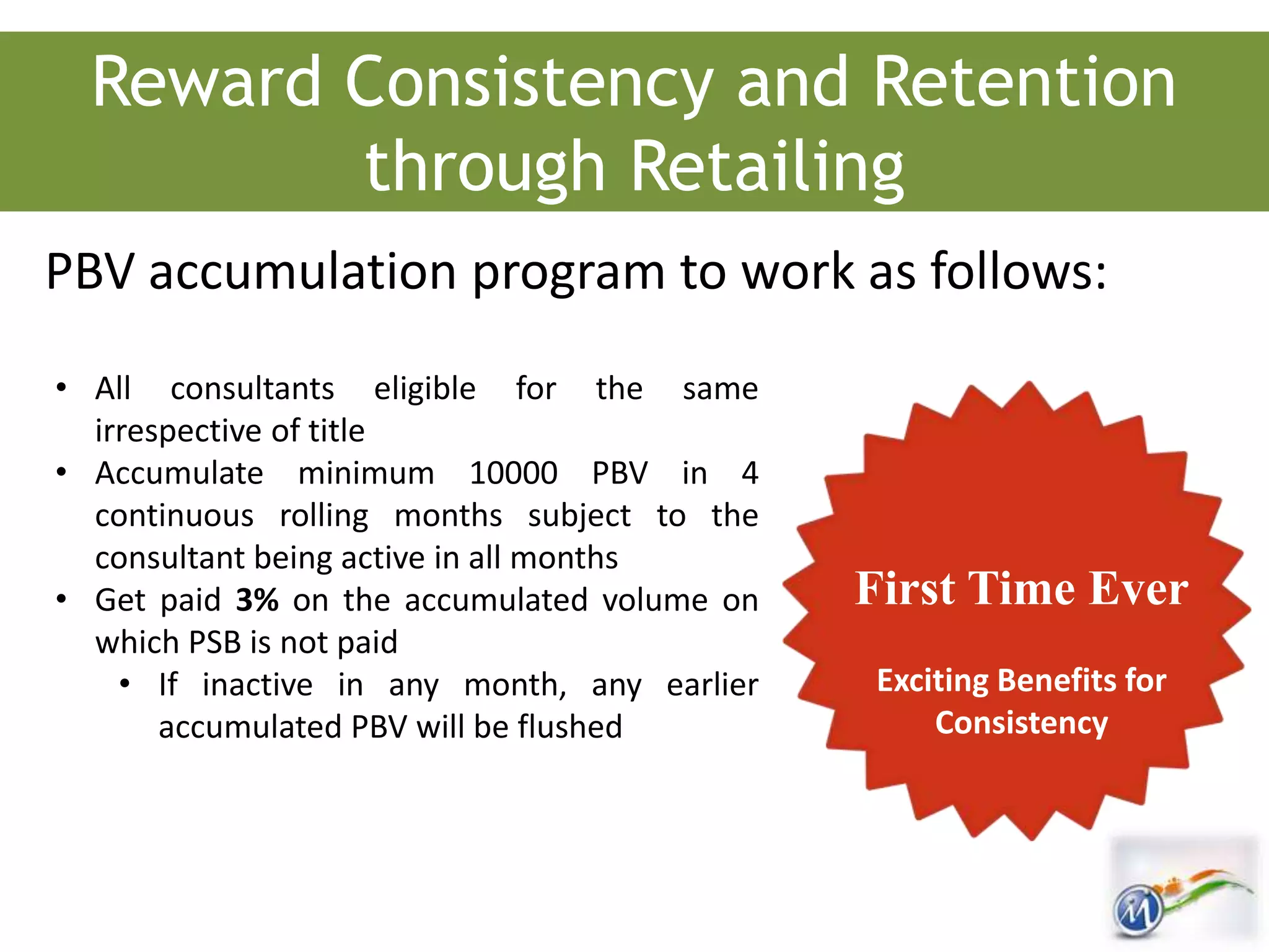 PBV accumulation program to work as follows:
First Time Ever
Exciting Benefits for
Consistency
• All consultants eligible for the same
irrespective of title
• Accumulate minimum 10000 PBV in 4
continuous rolling months subject to the
consultant being active in all months
• Get paid 3% on the accumulated volume on
which PSB is not paid
• If inactive in any month, any earlier
accumulated PBV will be flushed
Reward Consistency and Retention
through Retailing
 