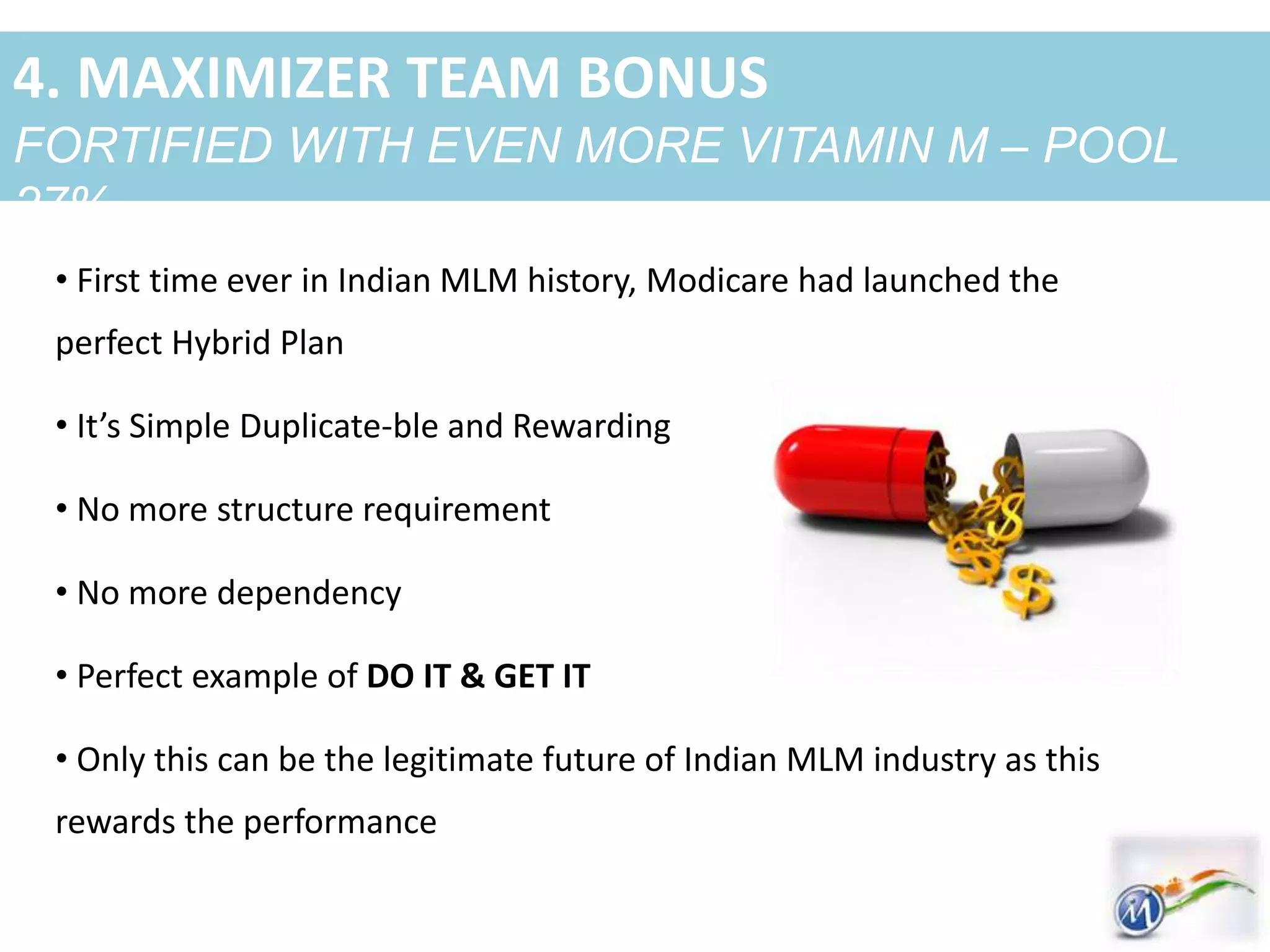4. MAXIMIZER TEAM BONUS
FORTIFIED WITH EVEN MORE VITAMIN M – POOL
27%
• First time ever in Indian MLM history, Modicare had launched the
perfect Hybrid Plan
• It’s Simple Duplicate-ble and Rewarding
• No more structure requirement
• No more dependency
• Perfect example of DO IT & GET IT
• Only this can be the legitimate future of Indian MLM industry as this
rewards the performance
 