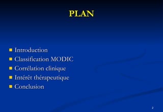 PLAN Introduction Classification MODIC Corrélation clinique Intérêt thérapeutique  Conclusion 