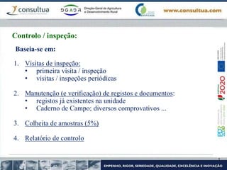 Baseia-se em:
1. Visitas de inspeção:
• primeira visita / inspeção
• visitas / inspeções periódicas
2. Manutenção (e verificação) de registos e documentos:
• registos já existentes na unidade
• Caderno de Campo; diversos comprovativos ...
3. Colheita de amostras (5%)
4. Relatório de controlo
Controlo / inspeção:
 