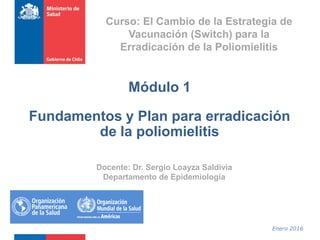 Enero 2016
Módulo 1
Fundamentos y Plan para erradicación
de la poliomielitis
Curso: El Cambio de la Estrategia de
Vacunación (Switch) para la
Erradicación de la Poliomielitis
Docente: Dr. Sergio Loayza Saldivia
Departamento de Epidemiología
 