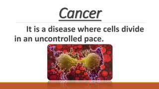 Cancer
It is a disease where cells divide
in an uncontrolled pace.
 