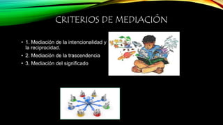 CRITERIOS DE MEDIACIÓN 
• 1. Mediación de la intencionalidad y 
la reciprocidad. 
• 2. Mediación de la trascendencia 
• 3. Mediación del significado 
 
