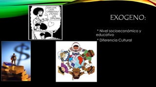 EXOGENO: 
* Nivel socioeconómico y 
educativo 
* Diferencia Cultural 
 