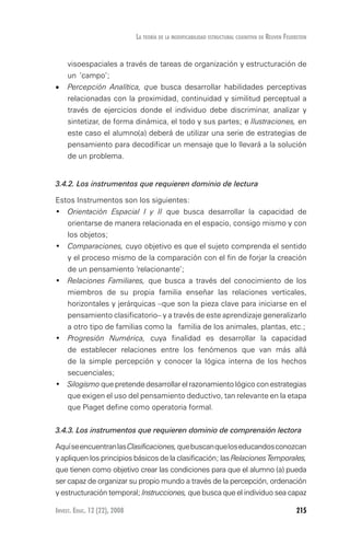Invest. Educ. 12 (22), 2008 215
La teoría de la modificabilidad estructural cognitiva de reuven feuerstein
visoespaciales a través de tareas de organización y estructuración de
un 	‘campo’;
•	 Percepción Analítica, que busca desarrollar habilidades perceptivas
relacionadas con la proximidad, continuidad y similitud perceptual a
través de ejercicios donde el individuo debe discriminar, analizar y
sintetizar, de forma dinámica, el todo y sus partes; e Ilustraciones, en
este caso el alumno(a) deberá de utilizar una serie de estrategias de
pensamiento para decodificar un mensaje que lo llevará a la solución
de un problema.
3.4.2. Los instrumentos que requieren dominio de lectura
Estos Instrumentos son los siguientes:
•	 Orientación Espacial I y II que busca desarrollar la capacidad de
orientarse de manera relacionada en el espacio, consigo mismo y con
los objetos;
•	 Comparaciones, cuyo objetivo es que el sujeto comprenda el sentido
y el proceso mismo de la comparación con el fin de forjar la creación
de un pensamiento ‘relacionante’;
• 	 Relaciones Familiares, que busca a través del conocimiento de los
miembros de su propia familia enseñar las relaciones verticales,
horizontales y jerárquicas –que son la pieza clave para iniciarse en el
pensamiento clasificatorio– y a través de este aprendizaje generalizarlo
a otro tipo de familias como la 	 familia de los animales, plantas, etc.;
• 	 Progresión Numérica, cuya finalidad es desarrollar la capacidad
de establecer relaciones entre los fenómenos que van más allá
de la simple percepción y conocer la lógica interna de los hechos
secuenciales;
• 	 Silogismo que pretende desarrollar el razonamiento lógico con estrategias
que exigen el uso del pensamiento deductivo, tan relevante en la etapa
que Piaget define como operatoria formal.
3.4.3. Los instrumentos que requieren dominio de comprensión lectora
AquíseencuentranlasClasificaciones,quebuscanqueloseducandosconozcan
y apliquen los principios básicos de la clasificación; las Relaciones Temporales,
que tienen como objetivo crear las condiciones para que el alumno (a) pueda
ser capaz de organizar su propio mundo a través de la percepción, ordenación
y estructuración temporal; Instrucciones, que busca que el individuo sea capaz
 