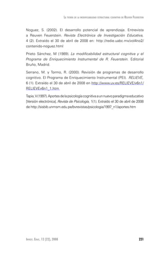 Invest. Educ. 12 (22), 2008 221
La teoría de la modificabilidad estructural cognitiva de reuven feuerstein
Noguez, S. (2002). El desarrollo potencial de aprendizaje. Entrevista
a Reuven Feuerstein. Revista Electrónica de Investigación Educativa,
4 (2). Extraído el 30 de abril de 2008 en: http://redie.uabc.mx/vol4no2/
contenido-noguez.html
Prieto Sánchez, M (1989). La modificabilidad estructural cognitiva y el
Programa de Enriquecimiento Instrumental de R. Feuerstein. Editorial
Bruño, Madrid.
Serrano, M. y Tormo, R. (2000). Revisión de programas de desarrollo
cognitivo. El Programa de Enriquecimiento Instrumental (PEI).  RELIEVE,
6 (1). Extraído el 30 de abril de 2008 en http://www.uv.es/RELIEVE/v6n1/
RELIEVEv6n1_1.htm
Tapia,V(1997).Aportesdelapsicologíacognitivaaunnuevoparadigmaeducativo
[Versión electrónica]. Revista de Psicología, 1(1). Extraído el 30 de abril de 2008
de http://sisbib.unmsm.edu.pe/bvrevistas/psicologia/1997_n1/aportes.htm
 