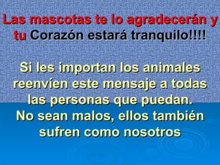 Las mascotas te lo agradecerán y tu   Corazón estará tranquilo!!!! Si les importan los animales reenvíen este mensaje a todas las personas que puedan. No sean malos, ellos también sufren como nosotros 