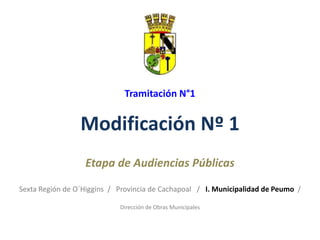 Sexta Región de O´Higgins / Provincia de Cachapoal / I. Municipalidad de Peumo /
Dirección de Obras Municipales
Tramitación N°1
Modificación Nº 1
Etapa de Audiencias Públicas
 