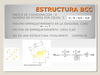 ESTRUCTURA BCC
•   INDICE DE COORDINACIÓN : 8
•   NÚMERO DE ÁTOMOS POR CELDA: 2

•   MÁXIMO EMPAQUETAMIENTO EN LA DIAGONAL CUBO

•   FACTOR DE EMPAQUETAMIENTO: (FEA) 0,68

•   NO ES UNA ESTRUCTURA TOTALMENTE   COMPACTA
 