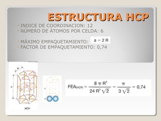 ESTRUCTURA HCP
•   INDICE DE COORDINACION: 12
•   NÚMERO DE ÁTOMOS POR CELDA: 6

•   MÁXIMO EMPAQUETAMIENTO:
•   FACTOR DE EMPAQUETAMIENTO: 0,74
 