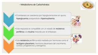 ◦ Metabolismo de Carbohidratos
• El embarazo se caracteriza por hipoglucemia leve en ayuno,
hiperglucemia postpandrial e hiperinsulinemia.
• Esta respuesta es compatible con un estado de resistencia
periférica a la insulina inducido por el embarazo.
• Esta resistencia periférica está mediada por hormonas como el
lactógeno placentario, hormona placentaria del crecimiento,
cortisol, progesterona y estrógenos.
 