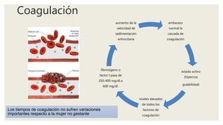 Coagulación
embarazo
normal la
cascada de
coagulación
estado activo
(hipercoa
gulabilidad)
niveles elevados
de todos los
factores de
coagulación
fibrinógeno o
factor I pasa de
250-400 mg/dl a
600 mg/dl.
aumento de la
velocidad de
sedimentación
eritrocitaria
Los tiempos de coagulación no sufren variaciones
importantes respecto a la mujer no gestante
 