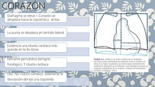 Diafragma se eleva – Corazón se
desplaza hacia la izquierda y arriba
La punta se desplaza en sentido lateral
Evidencia una silueta cardiaca más
grande en la Rx tórax.
Derrame pericárdico benigno
fisiológico, ↑ silueta cardiaca
EKG: No induce cambios, solamente la
desviación del eje a la izquierda.
 