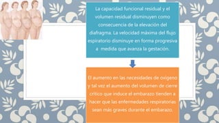 La capacidad funcional residual y el
volumen residual disminuyen como
consecuencia de la elevación del
diafragma. La velocidad máxima del flujo
espiratorio disminuye en forma progresiva
a medida que avanza la gestación.
El aumento en las necesidades de oxígeno
y tal vez el aumento del volumen de cierre
crítico que induce el embarazo tienden a
hacer que las enfermedades respiratorias
sean más graves durante el embarazo.
 