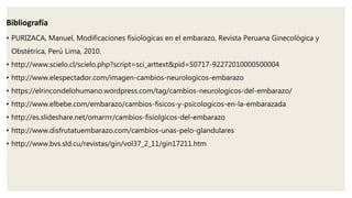 Bibliografía
• PURIZACA, Manuel, Modificaciones fisiológicas en el embarazo, Revista Peruana Ginecológica y
Obstétrica, Perú Lima, 2010.
• http://www.scielo.cl/scielo.php?script=sci_arttext&pid=S0717-92272010000500004
• http://www.elespectador.com/imagen-cambios-neurologicos-embarazo
• https://elrincondelohumano.wordpress.com/tag/cambios-neurologicos-del-embarazo/
• http://www.elbebe.com/embarazo/cambios-fisicos-y-psicologicos-en-la-embarazada
• http://es.slideshare.net/omarrrr/cambios-fisiolgicos-del-embarazo
• http://www.disfrutatuembarazo.com/cambios-unas-pelo-glandulares
• http://www.bvs.sld.cu/revistas/gin/vol37_2_11/gin17211.htm
 