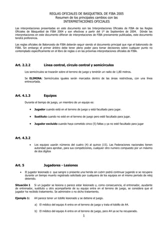 REGLAS OFICIALES DE BASQUETBOL DE FIBA 2005
                                Resumen de los principales cambios con las
                                     INTERPRETACIONES OFICIALES

Las interpretaciones presentadas en este documento son las Interpretaciones Oficiales de FIBA de las Reglas
Oficiales de Básquetbol de FIBA 2004 y son efectivas a partir del 1º de Septiembre de 2004. Dónde las
interpretaciones en este documento difieran de interpretaciones de FIBA previamente publicadas, este documento
tendrá preferencia.

Las reglas oficiales de Baloncesto de FIBA deberán seguir siendo el documento principal que rige el baloncesto de
FIBA. Sin embargo el primer árbitro debe tener pleno poder para tomar decisiones sobre cualquier punto no
contemplado específicamente en el libro de reglas o en las próximas interpretaciones oficiales de FIBA.




Art. 2.2.2               Línea central, círculo central y semicírculos

         Los semicírculos se trazarán sobre el terreno de juego y tendrán un radio de 1,80 metros.

         Se ELIMINA: Semicírculos iguales serán marcados dentro de las áreas restrictivas, con una línea
         entrecortada.




Art. 4.1.3               Equipos

         Durante el tiempo de juego, un miembro de un equipo es:

             •   Jugador cuando está en el terreno de juego y está facultado para jugar.

             •   Sustituto cuando no esté en el terreno de juego pero esté facultado para jugar.

             •   Jugador excluido cuando haya cometido cinco (5) faltas y ya no esté facultado para jugar




Art. 4.3.2

             •   Los equipos usarán números del cuatro (4) al quince (15). Las Federaciones nacionales tienen
                 autoridad para aprobar, para sus competiciones, cualquier otro numero compuesto por un máximo
                 de dos dígitos




Art. 5                   Jugadores - Lesiones

   •     El jugador lesionado o que sangre o presente una herida sin cubrir podrá continuar jugando si se recupera
         durante un tiempo muerto registrado solicitado por cualquiera de los equipos en el mismo período de reloj
         detenido.

Situación 1 Si un jugador se lesiona o parece estar lesionado y, como consecuencia, el entrenador, ayudante
de entrenador, sustituto u otro acompañante de su equipo entra en el terreno de juego, se considera que el
jugador ha recibido tratamiento. Se administre o no dicho tratamiento.

Ejemplo 1:       A4 parece tener un tobillo lesionado y se detiene el juego.

                 a) El médico del equipo A entra en el terreno de juego y trata el tobillo de A4.

                 b) El médico del equipo A entra en el terreno de juego, pero A4 ya se ha recuperado.
                                                          1
 