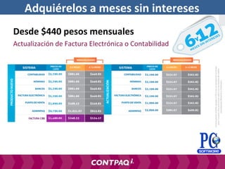 Adquiérelos a meses sin intereses
Desde $440 pesos mensuales
Actualización de Factura Electrónica o Contabilidad
Adquiérelos a meses sin intereses
 