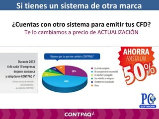 Si tienes un sistema de otra marca
¿Cuentas con otro sistema para emitir tus CFD?
Te lo cambiamos a precio de ACTUALIZACIÓN
Si tienes un sistema de otra marca
 
