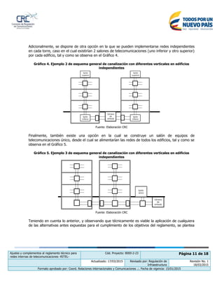 Ajustes y complementos al reglamento técnico para
redes internas de telecomunicaciones -RITEL-
Cód. Proyecto: 8000-2-23 Página 11 de 18
Actualizado: 17/03/2015 Revisado por: Regulación de
Infraestructura
Revisión No. 1
18/03/2015
Formato aprobado por: Coord. Relaciones internacionales y Comunicaciones .:. Fecha de vigencia: 15/01/2015
Adicionalmente, se dispone de otra opción en la que se pueden implementarse redes independientes
en cada torre, caso en el cual existirían 2 salones de telecomunicaciones (uno inferior y otro superior)
por cada edificio, tal y como se observa en el Gráfico 4.
Gráfico 4. Ejemplo 2 de esquema general de canalización con diferentes verticales en edificios
independientes
Fuente: Elaboración CRC
Finalmente, también existe una opción en la cual se construye un salón de equipos de
telecomunicaciones único, desde el cual se alimentarían las redes de todos los edificios, tal y como se
observa en el Gráfico 5.
Gráfico 5. Ejemplo 3 de esquema general de canalización con diferentes verticales en edificios
independientes
Fuente: Elaboración CRC
Teniendo en cuenta lo anterior, y observando que técnicamente es viable la aplicación de cualquiera
de las alternativas antes expuestas para el cumplimiento de los objetivos del reglamento, se plantea
 
