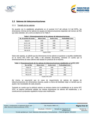 Ajustes y complementos al reglamento técnico para
redes internas de telecomunicaciones -RITEL-
Cód. Proyecto: 8000-2-23 Página 8 de 18
Actualizado: 17/03/2015 Revisado por: Regulación de
Infraestructura
Revisión No. 1
18/03/2015
Formato aprobado por: Coord. Relaciones internacionales y Comunicaciones .:. Fecha de vigencia: 15/01/2015
2.2 Salones de telecomunicaciones
2.2.1 Tamaño de los salones
De acuerdo con lo establecido actualmente en el numeral 4.4.7 del artículo 4.4 del RITEL, las
dimensiones mínimas de los salones de equipos de telecomunicaciones dependen del número de PAU
que estos atienden, tal y como se observa en la Tabla 4.
Tabla 4. Dimensionamiento de los salones de telecomunicaciones
No. de puntos de acceso Altura (mm) Ancho (mm) Profundidad (mm)
Hasta 20 2300 1000 500
De 21 a 30 2300 1500 500
De 31 a 45 2300 2000 500
De 46 a 60 2300 2000 2000
Más de 60 2300 6 mts2
Fuente: RITEL
Sobre este aspecto, se solicitó que las dimensiones de los salones se ajustaran a aquellas establecidas
en la norma NTC 5797 (ver Tabla 5 del presente documento), teniendo en cuenta que el
dimensionamiento de estos salones está basado en prácticas de la industria.
Tabla 5. Dimensionamiento de los salones de telecomunicaciones establecido en la NTC 5797
No. de PAU Altura (mm) Ancho (mm) Profundidad (mm)
Hasta 20 2300 1000 500
De 21 a 30 2300 1500 500
De 31 a 45 2300 2000 500
Más de 45 2300 2000 2000
Fuente: NTC 5797
Así mismo, se argumentó que en casos de requerimiento de salones de equipos de
telecomunicaciones con dimensiones mayores, quede a criterio del diseñador dejar un tamaño que se
ajuste a las necesidades de cada proyecto.
Teniendo en cuenta que la solicitud anterior se enmarca dentro de lo establecido en la norma NTC
5797, se observa pertinente adoptar las mismas dimensiones de salones allí establecidas, y en
consecuencia la propuesta regulatoria incluye esta modificación.
 