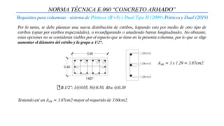 NORMA TÉCNICA E.060 “CONCRETO ARMADO”
Requisitos para columnas - sistema de Pórticos (R=8) y Dual Tipo II (2009)-Pórticos y Dual (2019)
Por lo tanto, se debe plantear una nueva distribución de estribos, logrando esto por medio de otro tipo de
estribos (optar por estribos trapezoidales), o reconfigurando o añadiendo barras longitudinales. No obstante,
estas opciones no se consideran viables por el espacio que se tiene en la presenta columna, por lo que se elige
aumentar el diámetro del estribo y la grapa a 1/2“.
∅ 1/2”: 1@0.05, 8@0.10, 𝑅𝑡𝑜. @0.30
Teniendo así un 𝐴𝑠ℎ = 3.87cm2 mayor al requerido de 3.60cm2.
𝐴𝑠ℎ = 3 x 1.29 = 3.87cm2
 