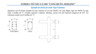 NORMA TÉCNICA E.060 “CONCRETO ARMADO”
Ejemplo de diseño de nudo Viga-Columna
Seguimos con el mismo ejemplo de una columna se sección 30x50, a la cual, llegan vigas de 30x50. La viga
tiene 2 varillas de ¾” corridas superior e inferior. Además, cuenta con dos bastones negativos de 5/8”. La
columna cuenta con 8 varillas de ¾”.
COLUMNA VIGA
 
