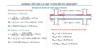 NORMA TÉCNICA E.060 “CONCRETO ARMADO”
Ejemplo de diseño de nudo Viga-Columna
Mn Positivo = 9.99 ton-m
𝐴𝑠
−
=2∅3/4“+ 2∅5/8“ = 9.66cm2
𝐴𝑠
+
= 2∅3/4“ = 5.70cm2
𝑀𝑛
+
= 𝐴𝑠
+
𝑓𝑦 ( d – a/2) = 5.70 𝑥 4,200 ( 44 – 4.47/2)
a =
𝐴𝑠
+ 𝑓𝑦
0.85 𝑓𝑐
′ b
=
5.70 𝑥 4,200
0.85 x 210 x 30
= 4.47 cm
𝑀𝑛
−
= 𝐴𝑠
−
𝑓𝑦 ( d – a/2) = 9.66 𝑥 4,200 ( 44 – 7.58/2)
a =
𝐴𝑠
− 𝑓𝑦
0.85 𝑓𝑐
′ b
=
9.66 𝑥 4,200
0.85 x 210 x 30
= 7.58 cm
Sumatoria de momentos nominales de la Viga:
Mn Negativo = 16.31 ton-m
𝑀𝑛
+
= 999,854.10 kg-cm = 9.99 ton-m
Momentos nominales de la Viga:
𝑀𝑛
−
= 1’631,400.12 kg-cm = 16.31 ton-m
𝑀𝑛
+
𝑀𝑛
−
𝑀𝑛𝑣𝑖 = 𝑀𝑛
− = 16.31 ton-m
𝑀𝑛𝑣𝑑= 𝑀𝑛
+
= 9.99 ton-m
𝑀𝑛𝑣𝑖 + 𝑀𝑛𝑣𝑑 = 26.30 ton-m
1.20 (𝑀𝑛𝑣𝑖 + 𝑀𝑛𝑣𝑑) = 31.56 ton-m
 