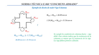 NORMA TÉCNICA E.060 “CONCRETO ARMADO”
Ejemplo de diseño de nudo Viga-Columna
𝑀𝑛𝑐𝑖 + 𝑀𝑛𝑐𝑠 ≥ 1.2 (𝑀𝑛𝑣𝑖 + 𝑀𝑛𝑣𝑑)
1.20 (𝑀𝑛𝑣𝑖 + 𝑀𝑛𝑣𝑑) = 31.56 ton-m
𝑀𝑛𝑐𝑖 + 𝑀𝑛𝑐𝑠 = 46.00 ton-m
46.00 ton-m > 31.56 ton-m
Se cumple la condición de columna fuerte – viga
débil. Este criterio indica que la resistencia de la
columna es mayor que la resistencia de la viga.
La viga fallara primero a flexión.
 