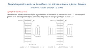 Ejemplo-1: Diseño de nudo
Requisitos para los nudos de los edificios con sistema resistente a fuerzas laterales
de pórticos y duales tipo II (NTE-E.060)
Determinar el refuerzo transversal y los requerimientos de resistencia al cortante del nudo C-1 ubicado en el
primer nivel. En la siguiente figura se muestra el refuerzo en las vigas que llegan al nudo C-1
 