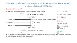Ejemplo-1: Diseño de nudo
Requisitos para los nudos de los edificios con sistema resistente a fuerzas laterales
de pórticos y duales tipo II (NTE-E.060)
3. Revisión de la resistencia al cortante en el nudo (dirección y-y): 𝑉
𝑢= 𝑇1 + 𝐶2 - 𝑉ℎ
Vu= 83.4 + 83.4 - 19.65
Vu= 147.20 ton
(21.7.4.1):
ØVc = Ø (4.0 𝑓𝑐
′
𝐴𝑗)
ØVc = 0.85(4.0 280
60x60)
ØVc = 205 ton
ØVc > 𝑉
𝑢
OK.
Si Vu > ØVc se deberá aumentar la sección de la columna o el peralte de la viga, para disminuir la cuantía
de refuerzo requerida por flexión (disminuye T )
 