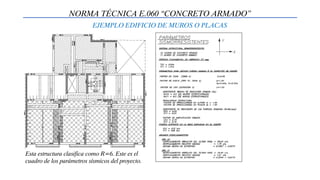 NORMA TÉCNICA E.060 “CONCRETO ARMADO”
EJEMPLO EDIFICIO DE MUROS O PLACAS
Esta estructura clasifica como R=6. Este es el
cuadro de los parámetros sísmicos del proyecto.
 