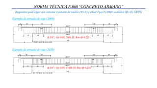 NORMA TÉCNICA E.060 “CONCRETO ARMADO”
Requisitos para vigas con sistema resistente de muros (R=6) y Dual Tipo I (2009) o muros (R=6) (2019)
Ejemplo de armado de viga (2009)
Ejemplo de armado de viga (2019)
∅ 3/8”: 1@ 0.05, 7@0.15, Rto @ 0.225
∅ 3/8”: 1@ 0.05, 11@0.10, Rto @ 0.225
 