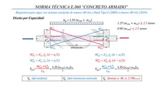 𝑀𝑛1
+
= 𝐴𝑠1
+
𝑓𝑦 𝑑 − 𝑎/2
𝑀𝑛1
−
= 𝐴𝑠1
−
𝑓𝑦 𝑑 − 𝑎/2
𝑀𝑛2
+
= 𝐴𝑠2
+
𝑓𝑦 𝑑 − 𝑎/2
𝑀𝑛2
−
= 𝐴𝑠2
−
𝑓𝑦 𝑑 − 𝑎/2
1 2
𝑀𝑛1
−
𝑀𝑛1
+ 𝑀𝑛2
+
𝑀𝑛2
−
𝑨𝒔𝟏
+
𝑨𝒔𝟏
−
𝑨𝒔𝟐
−
𝑨𝒔𝟐
+
𝑤𝜇 = 1.25 (𝑤𝑐𝑚 + 𝑤𝑐𝑣)
𝑉𝜇1=
𝑀𝑛1
− +𝑉𝑛2
+
𝐿𝑛
+
1.25 (𝑤𝑐𝑚+ 𝑤𝑐𝑣)𝐿𝑛
2
𝑉𝜇2=
𝑀𝑛2
− +𝑉𝑛1
+
𝐿𝑛
+
1.25 (𝑤𝑐𝑚+ 𝑤𝑐𝑣)𝐿𝑛
2
NORMA TÉCNICA E.060 “CONCRETO ARMADO”
Requisitos para vigas con sistema resistente de muros (R=6) y Dual Tipo I (2009) o muros (R=6) (2019)
𝑉
𝜇 (del análisis) 𝑉
𝜇 (del momento nominal) 𝑉
𝜇 (limitar a: Mn ≤ 2.5Msismo)
1.25 (𝑤𝑐𝑚 + 𝑤𝑐𝑣) ± 2.5 sismo
0.90 (𝑤𝑐𝑚) ± 2.5 sismo
Diseño por Capacidad:
 