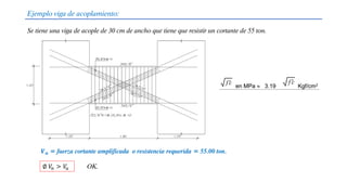 Ejemplo viga de acoplamiento:
Se tiene una viga de acople de 30 cm de ancho que tiene que resistir un cortante de 55 ton.
∅ 𝑉
𝑛 > 𝑉
𝑢
𝑽𝒖 = fuerza cortante amplificada o resistencia requerida = 55.00 ton.
OK.
 
