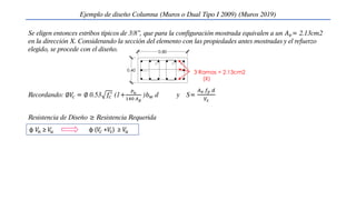 Se eligen entonces estribos típicos de 3/8”, que para la configuración mostrada equivalen a un 𝐴𝑣= 2.13cm2
en la dirección X. Considerando la sección del elemento con las propiedades antes mostradas y el refuerzo
elegido, se procede con el diseño.
Recordando: ∅𝑉
𝑐 = ∅ 0.53 𝑓𝑐
′
(1+
𝑃𝑢
140 𝐴𝑔
)𝑏𝑤 d y S=
𝐴𝑣 𝑓𝑦 𝑑
𝑉𝑠
Ejemplo de diseño Columna (Muros o Dual Tipo I 2009) (Muros 2019)
Resistencia de Diseño ≥ Resistencia Requerida
φ 𝑉
𝑛 ≥ 𝑉
𝑢 φ (𝑉
𝑐 +𝑉
𝑠) ≥ 𝑉
𝑢
 