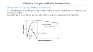 Filosofía y Principios del Diseño Sismorresistente
Principios básicos de la filosofía del Diseño Sismorresistente:
El comportamiento de deformaciones del concreto confinado mejora notablemente en comparación al
concreto sin confinar.
Es por ello, que la norma dispone que cerca a los nudos, se tenga poco espaciamiento de los estribos.
 