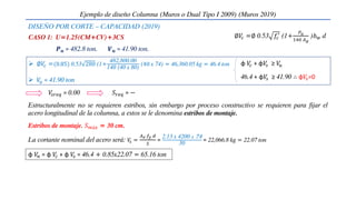 Ejemplo de diseño Columna (Muros o Dual Tipo I 2009) (Muros 2019)
CASO 1: U=1.25(CM+CV)+3CS
𝑉
𝑠𝑟𝑒𝑞 = 0.00 𝑆𝑟𝑒𝑞 = −
 ∅𝑉
𝑐 =(0.85) 0.53 280 (1+
482,800.00
140 (40 x 80)
(40 x 74) = 46,360.05 kg = 46.4 ton
 𝑉
𝑢 = 41.90 ton
φ 𝑉
𝑐 + φ𝑉
𝑠 ≥ 𝑉
𝑢
46.4 + φ𝑉
𝑠 ≥ 41.90 ∴ φ𝑉
𝑠=0
Estructuralmente no se requieren estribos, sin embargo por proceso constructivo se requieren para fijar el
acero longitudinal de la columna, a estos se le denomina estribos de montaje.
Estribos de montaje. 𝑆𝑚á𝑥 = 30 cm.
La cortante nominal del acero será: 𝑉
𝑠 =
𝐴𝑣 𝑓𝑦 𝑑
𝑆
=
2.13 x 4200 𝑥 74
30
= 22,066.8 kg = 22.07 ton
φ 𝑉
𝑛 = φ 𝑉
𝑐 + φ 𝑉
𝑠 = 46.4 + 0.85x22.07 = 65.16 ton
∅𝑉
𝑐 =∅ 0.53 𝑓𝑐
′
(1+
𝑃𝑢
140 𝐴𝑔
)𝑏𝑤 d
𝑷𝒖 = 482.8 ton. 𝑽𝒖 = 41.90 ton.
DISEÑO POR CORTE – CAPACIDAD (2019)
 