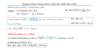 𝑉
𝑠𝑟𝑒𝑞 = 0.00 𝑆𝑟𝑒𝑞 = −
 ∅𝑉
𝑐 =(0.85) 0.53 280 (1+
354,600.00
140 (40 x 80)
(40 x 74) = 39,974.83 kg = 40.0 ton
 𝑉
𝑢 = 34.70 ton
φ 𝑉
𝑐 + φ𝑉
𝑠 ≥ 𝑉
𝑢
40.0 + φ𝑉
𝑠 ≥ 34.70 ∴ φ𝑉
𝑠=0
Estribos de montaje. 𝑆𝑚á𝑥 = 30 cm.
Ejemplo de diseño Columna (Muros o Dual Tipo I 2009) (Muros 2019)
La cortante nominal del acero será: 𝑉
𝑠 =
𝐴𝑣 𝑓𝑦 𝑑
𝑆
=
2.13 x 4200 𝑥 74
30
= 22,066.8 kg = 22.07 ton
φ 𝑉
𝑛 = φ 𝑉
𝑐 + φ 𝑉
𝑠 = 40.0 + 0.85x22.07 = 58.76 ton
CASO 2: U=1.25(CM + CV) - 3CS
𝑷𝒖 = 354.6 ton. 𝑽𝒖 = 34.70 ton.
∅𝑉
𝑐 =∅ 0.53 𝑓𝑐
′
(1+
𝑃𝑢
140 𝐴𝑔
)𝑏𝑤 d
La Resistencia de Diseño “φ 𝑉
𝑛”
DISEÑO POR CORTE – CAPACIDAD (2019)
 